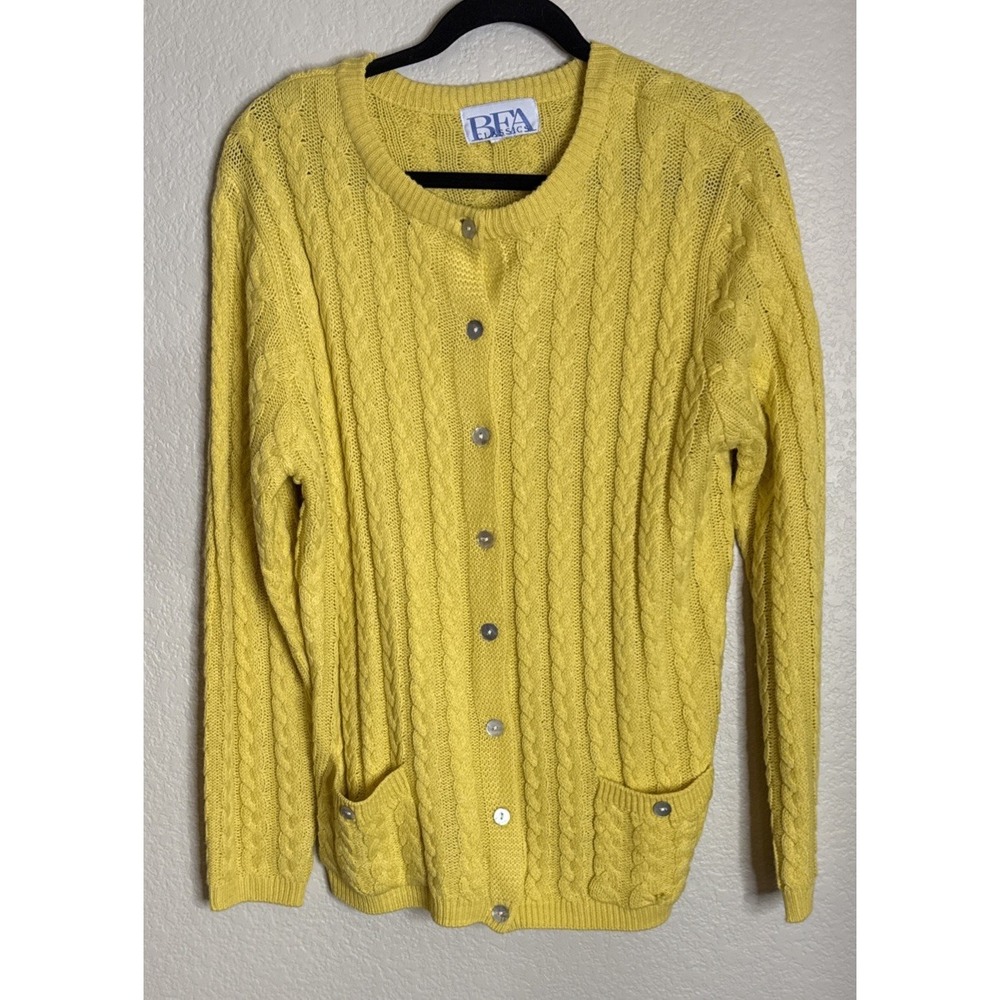 Vtg BFA Classics Womens Medium Yellow Cable‎ Knit Button Front Cardigan Sweater